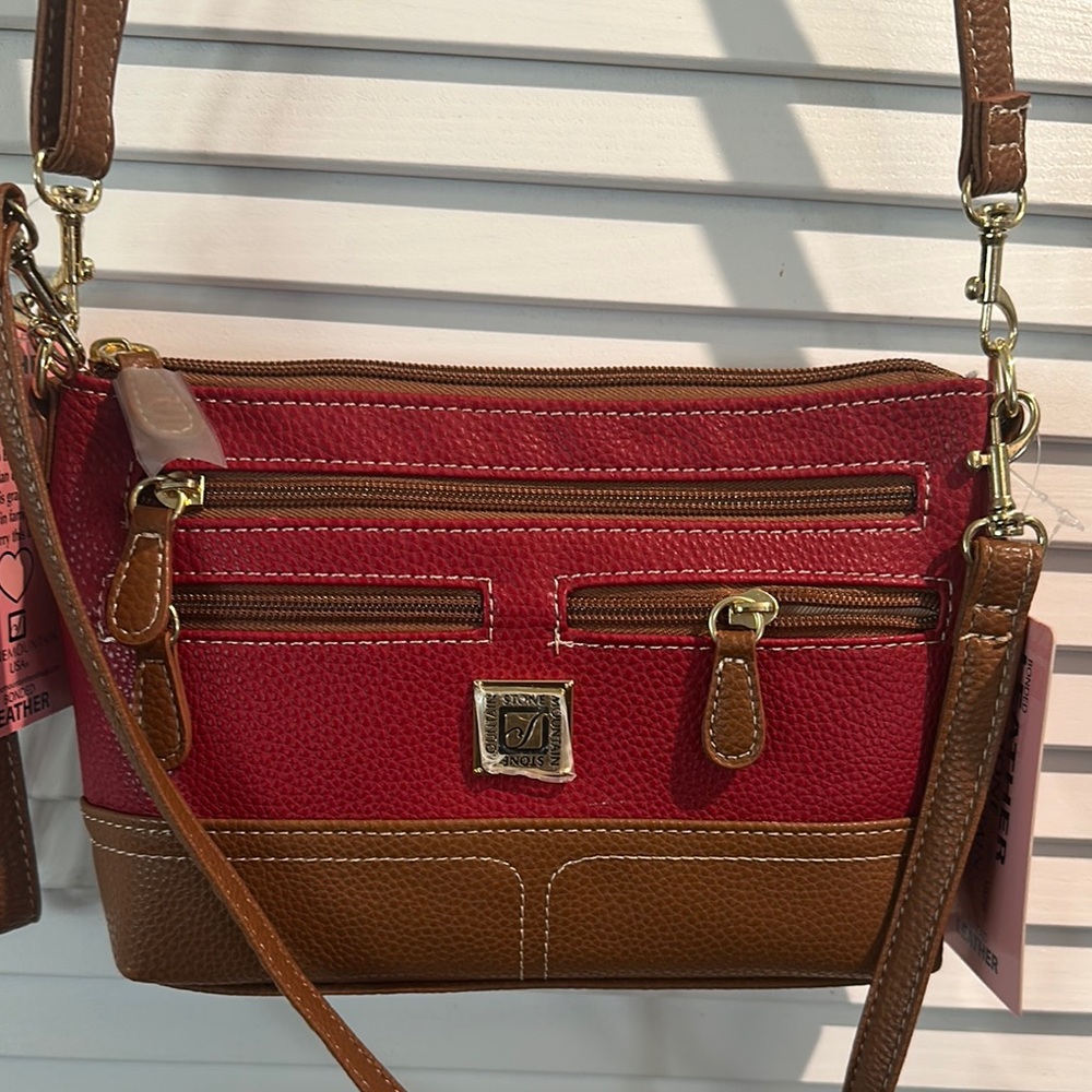 NWT Stone Mountain Red Bonded Leather Charluzzo Five Zipper Crossbody Bag.